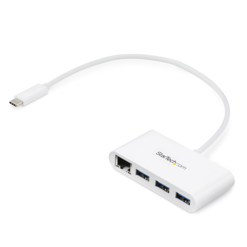 StarTech.com 3-Port USB-C Hub with Gigabit Ethernet - USB-C to 3x USB-A - USB 3.0 Hub - White~3-Port USB-C Hub with Gigabit...
