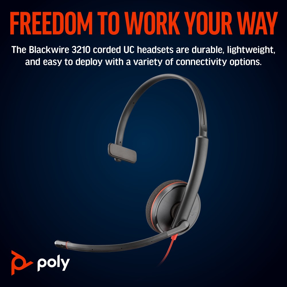 Poly Blackwire 3210 Monaural USB-C Headset +USB-C/A Adapter Poly Blackwire 3210 Monaural USB-C Headset +USB-C/A Adapter