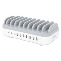 Manhattan Charging Station, 10x Ports: 3x USB-C (up to 18W PD) and 7x USB-A (up to 12W), 120W Total Output, White/Grey, Three...